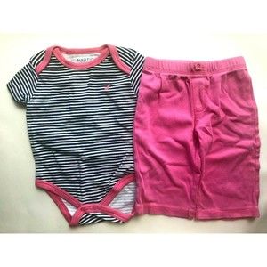 Girl's Size 6M 3-6 Months Two Piece Navy Striped Nautica Top, Pink Old Navy Pant